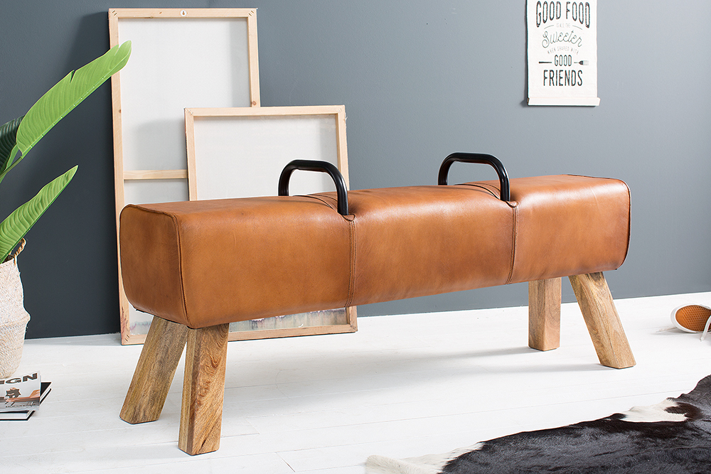 Retro Sitzbank TURNBOCK 134cm mit Echtleder Bezug Mangoholz Bank