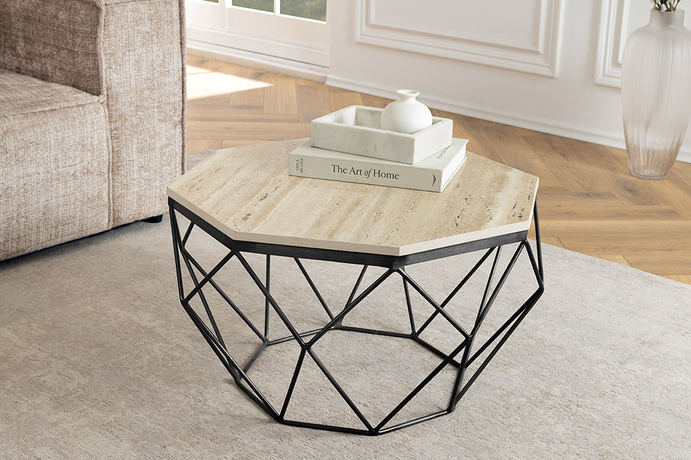 Handgefertigter Couchtisch DIAMOND 70cm beige Travertin schwarz Eisen
