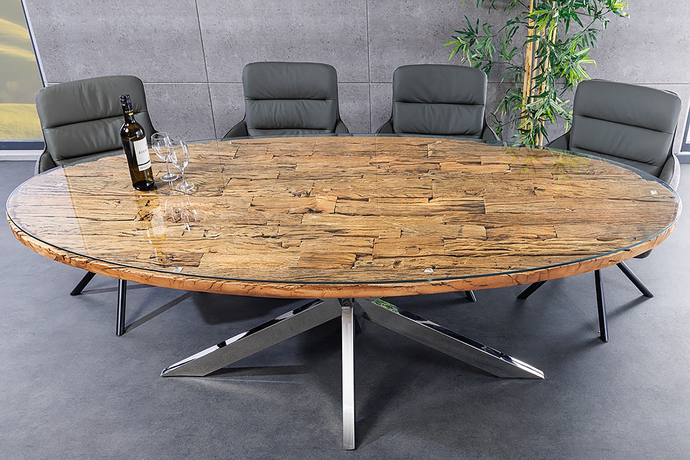 Massiver Esstisch BARRACUDA 220cm braun Teakholz silber Sterngestell Glasplatte