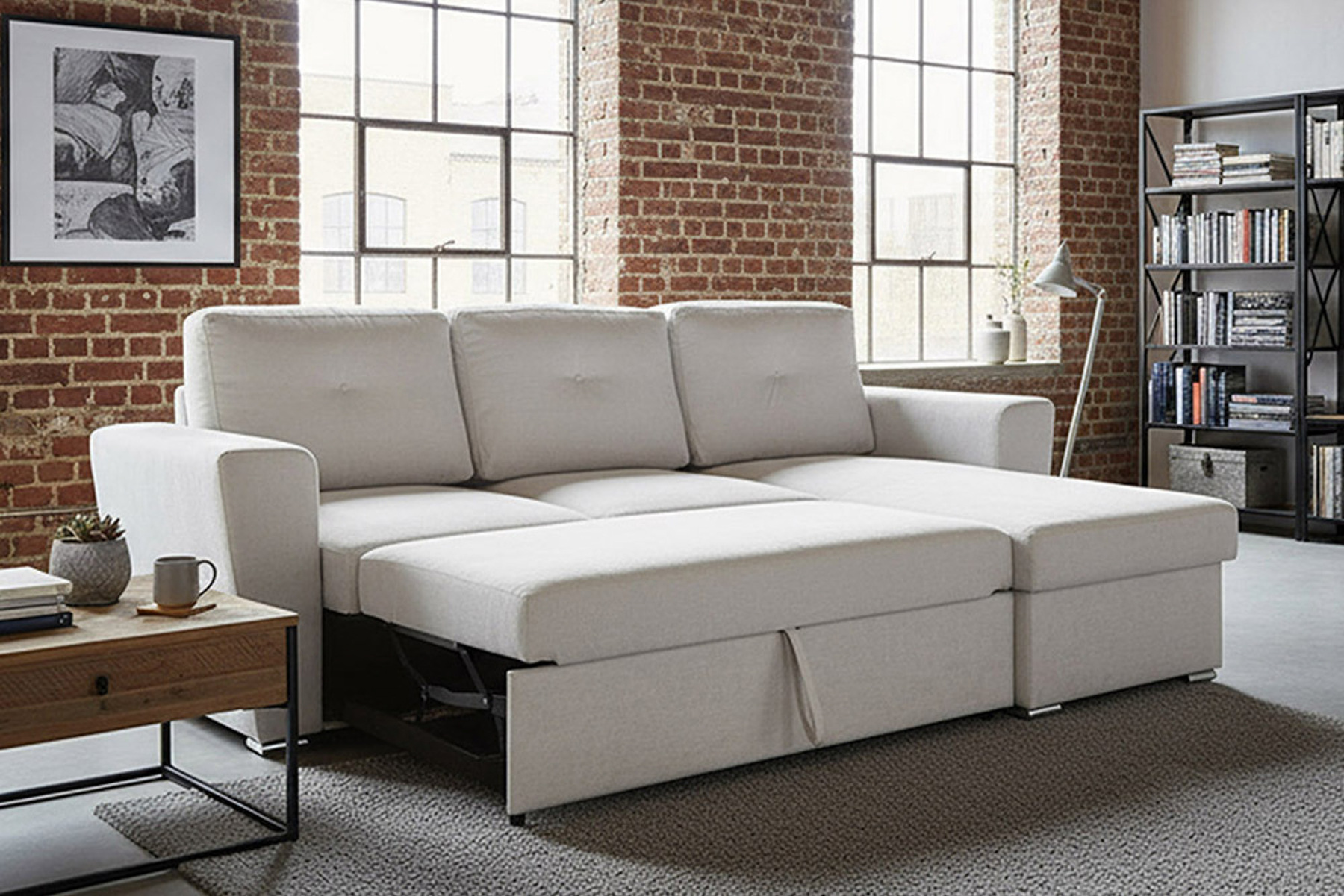 Ecksofa mit Schlaffunktion APARTMENT beidseitig aufbaubar beige Strukturstoff inkl. Stauraum