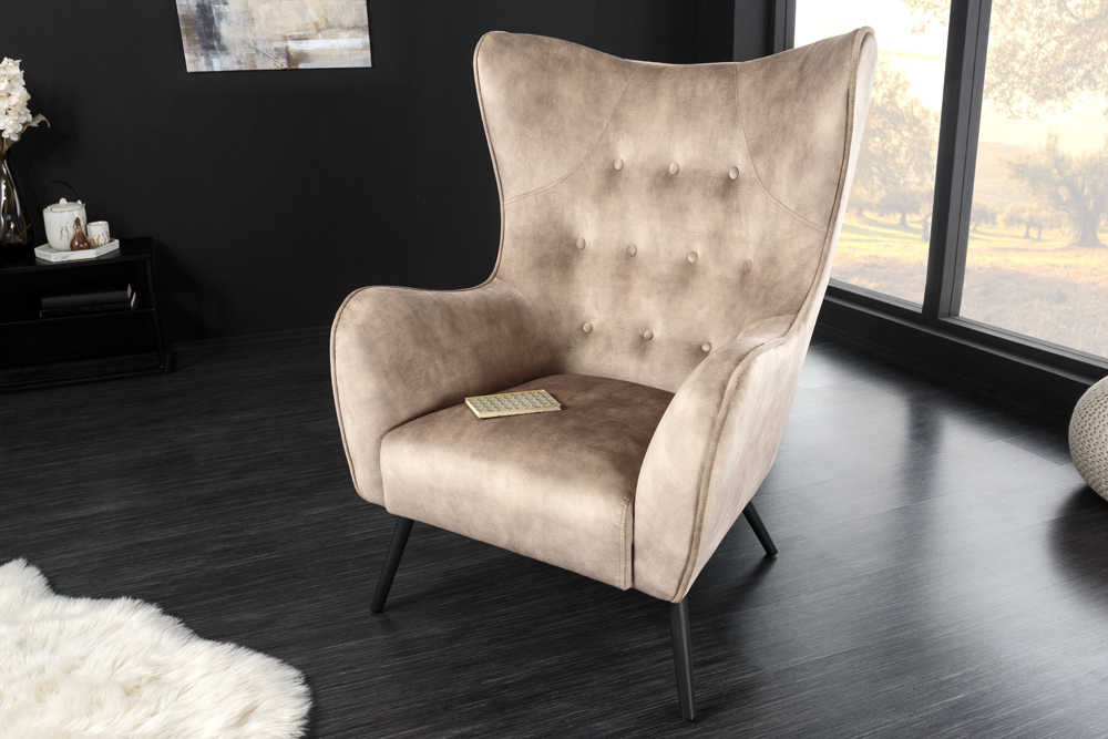 Design XL Sessel AMSTERDAM champagner Samt schwarze Metallbeine Retro Stil