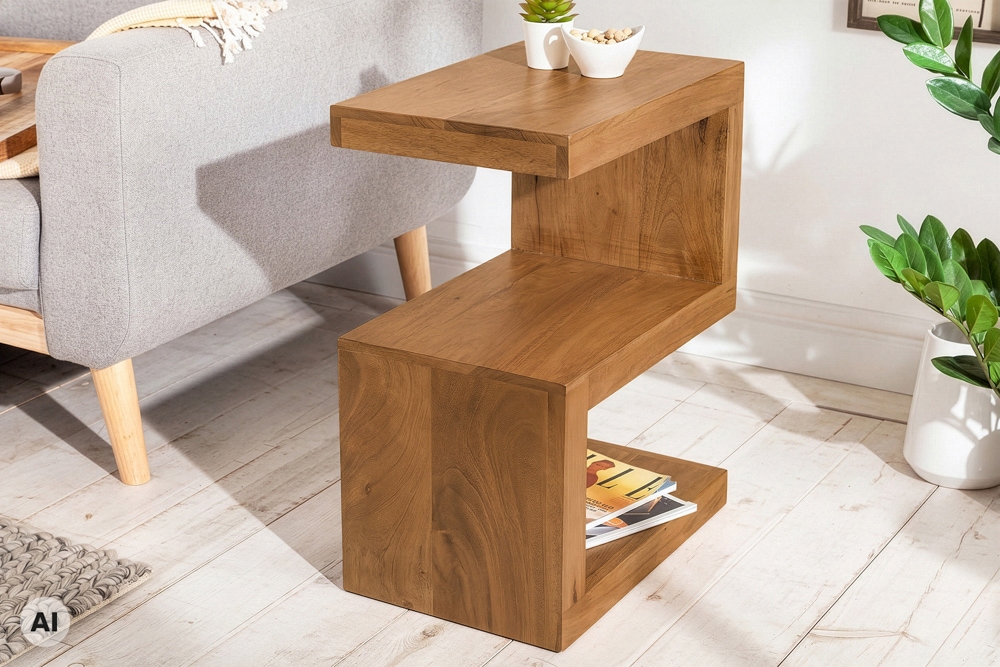 Handgearbeiteter Beistelltisch S 60cm braun honey finish Mangoholz mit Ablage variabel stellbar