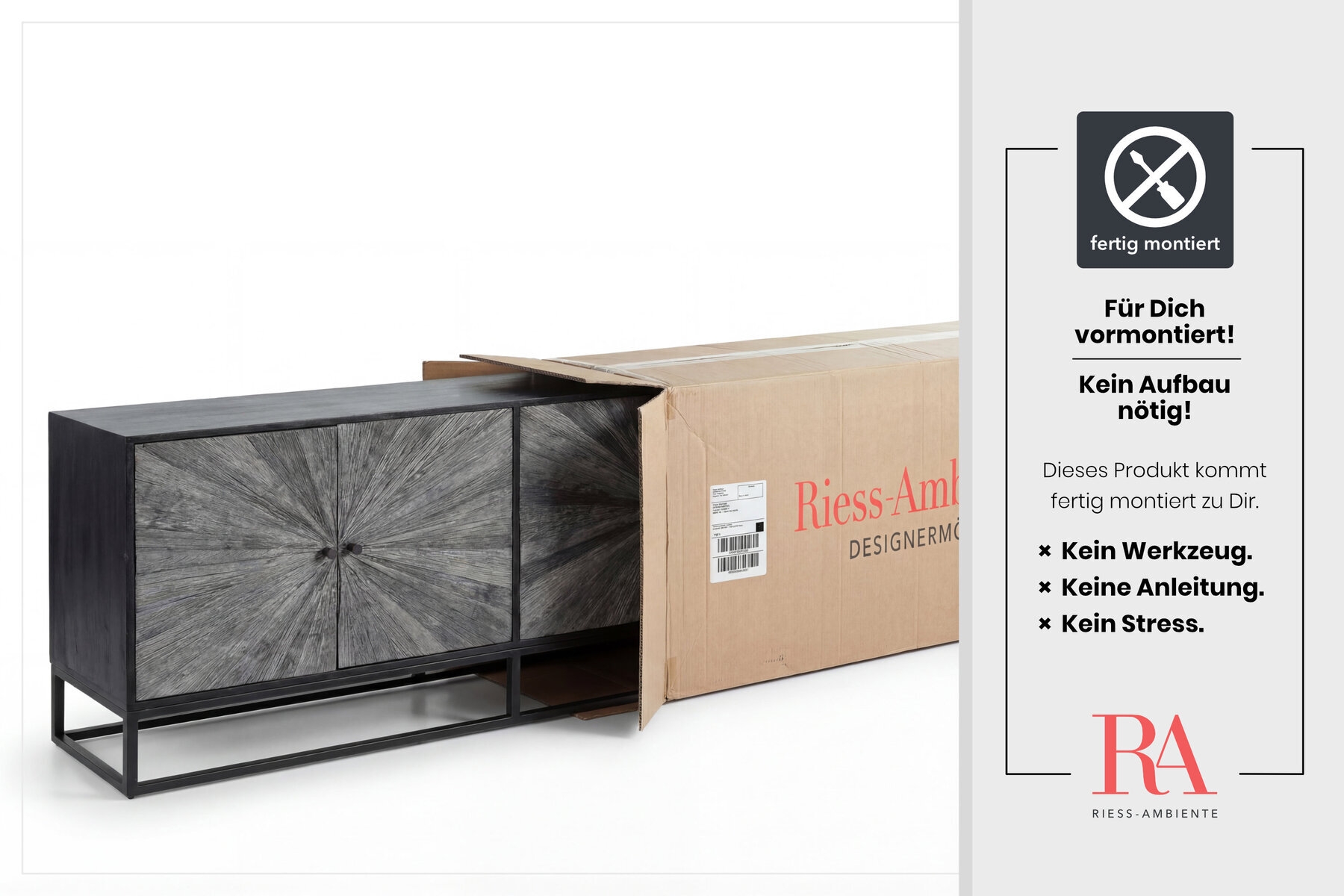 Massives Sideboard BARRACUDA 180cm grau Mangoholz mit Teakholz-Front schwarz Metall