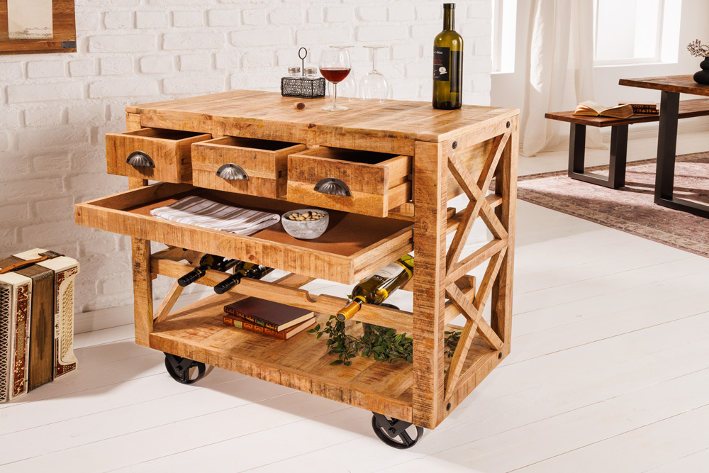 Industrial Barschrank BODEGA 86cm Mangoholz Servierwagen mit Weinregal Industrial Barschrank BODEGA 86cm Mangoholz Servierwagen mit Weinregal
