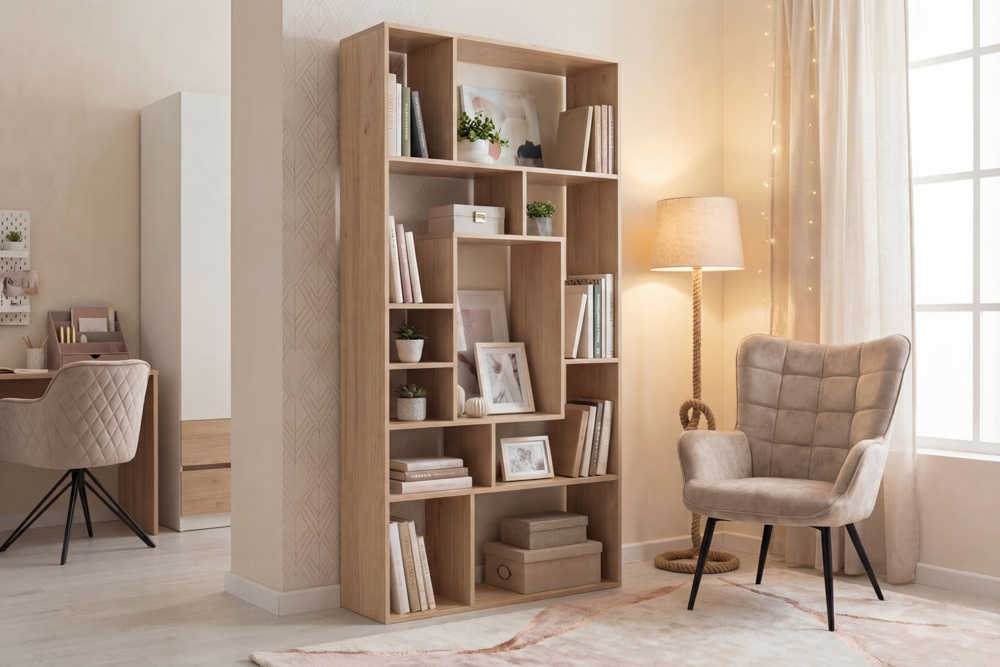 Massives Bücherregal CUBUS 180cm natur Mangoholz cream finish elf Fächer