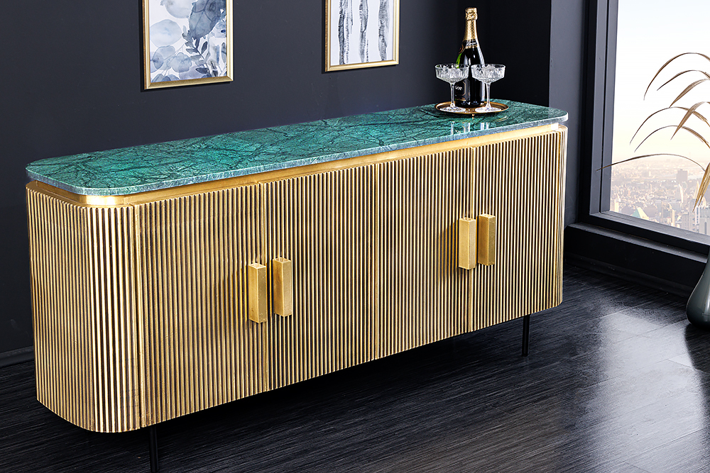 Design Sideboard VENEZIANO 160cm messing grün Marmorplatte Mangoholz Retro