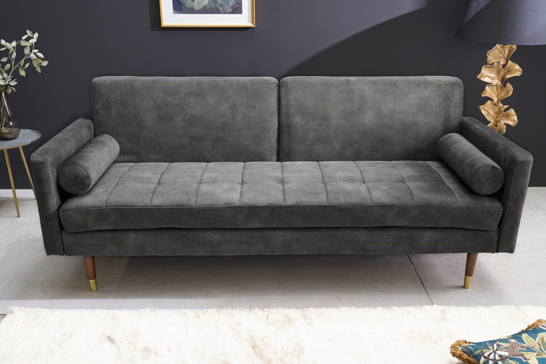 Modernes Schlafsofa COUTURE 200cm grau Microvelours 3-Sitzer Couch mit Schlaffunktion