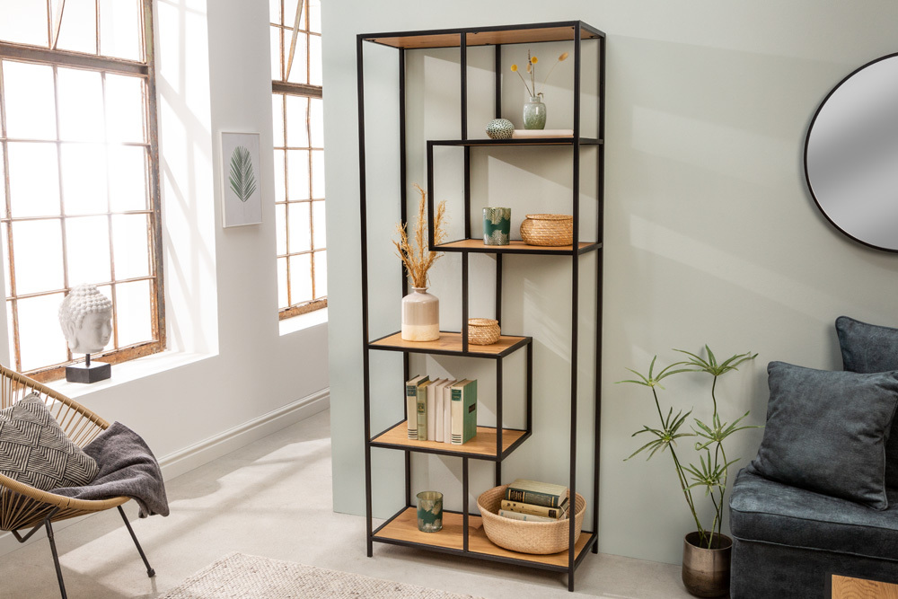 Industrial Bücherregal SLIM LINE 185cm Wildeiche schwarz sechs Regalböden