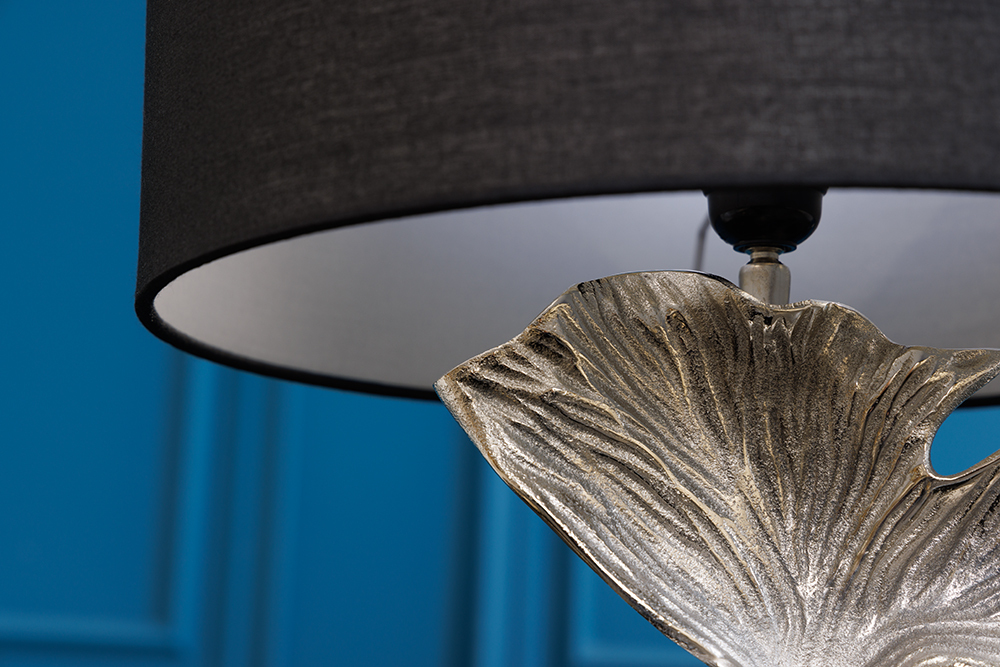 Design Tischlampe GINKGO 70cm schwarz Stoffschirm silber Metall handmade Marmor-Fuß