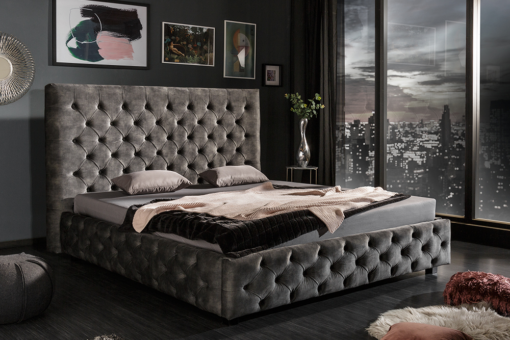 Design Doppelbett PARIS 160x200cm grau Samt Chesterfield Polsterbett
