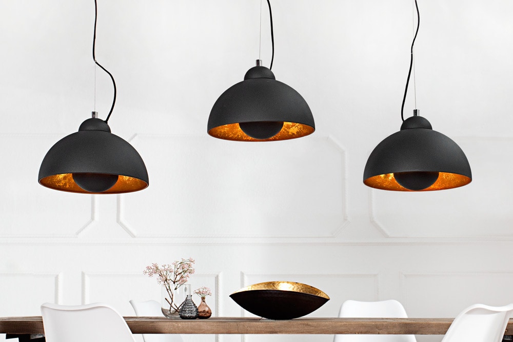 Elegante Hängelampe STUDIO 3 110cm schwarz Blattgold-Optik drei Schirme
