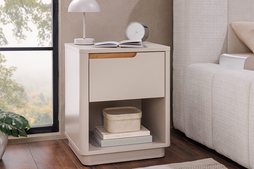 Design Nachtschrank LIV 55cm cashmere weiß mit Schublade und offenem Fach