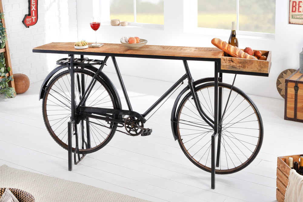 Retro Konsolentisch BICYCLE 195cm Mangoholz Fahrrad Bartisch Upcycling