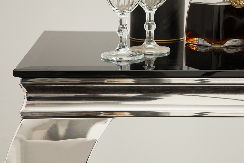 Eleganter Konsolentisch MODERN BAROCK 145cm schwarz Opalglas Edelstahlbeine