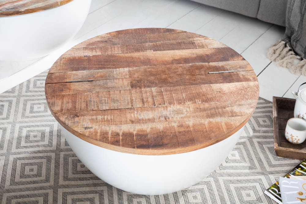 Runder Couchtisch INDUSTRIAL STORAGE 60cm weiß natur Mangoholz mit Stauraum handmade