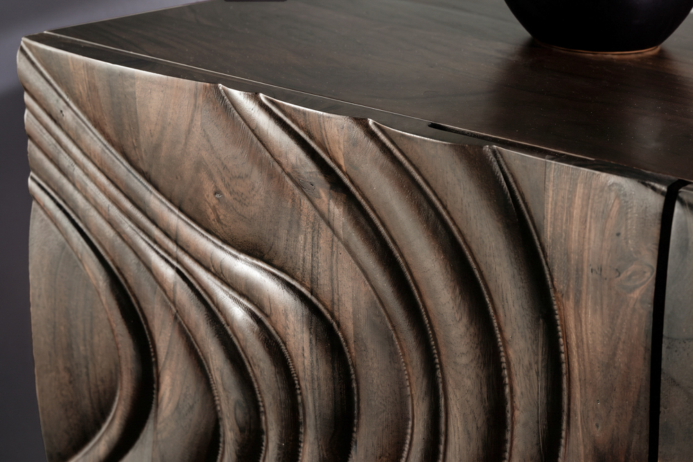 Massives Sideboard FLUID 175cm braun Mangoholz 3D-Design Kufengestell