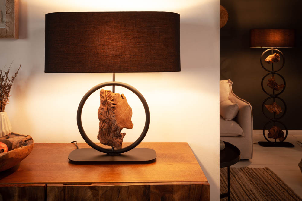 Design Tischlampe ELEMENTS 58cm schwarz Baumwollschirm Fuß mit Massivholz