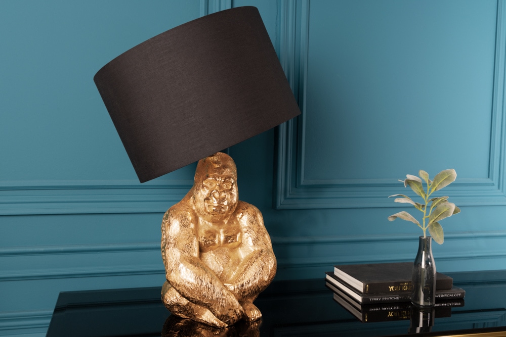 Design Tischlampe KONG 60cm gold Metall Affenlampe schwarzer Lampenschirm