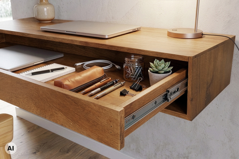 Hängender Konsolentisch PURE 100cm braun Mangoholz honey finish Schreibtisch Stauraum