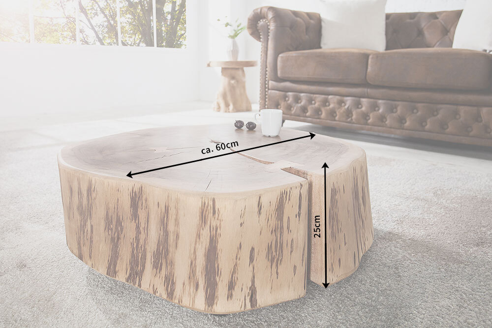 Baumstamm Couchtisch GOA 60cm natur Akazie Massivholz rund mit Rollen Unikat