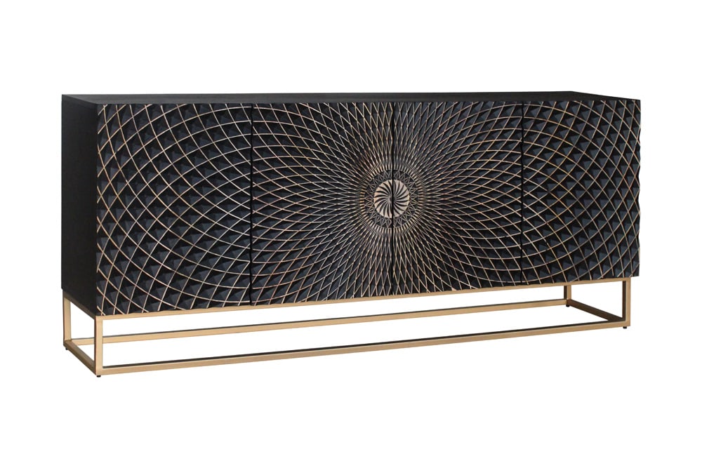 Design Sideboard ILLUSION 180cm schwarz Mangoholz Massivholz mit 3D Schnitzereien gold Eisen Metallgestell