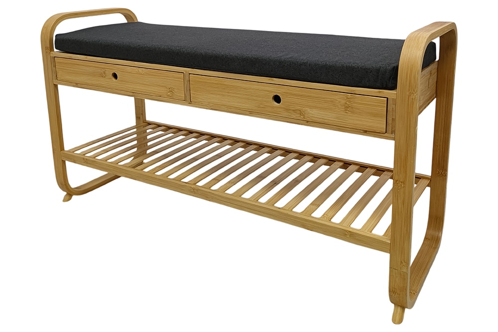 Stilvolle Schuhbank ZEN-BO 100cm natur grau Bambus Regal Sitzbank mit Schubladen