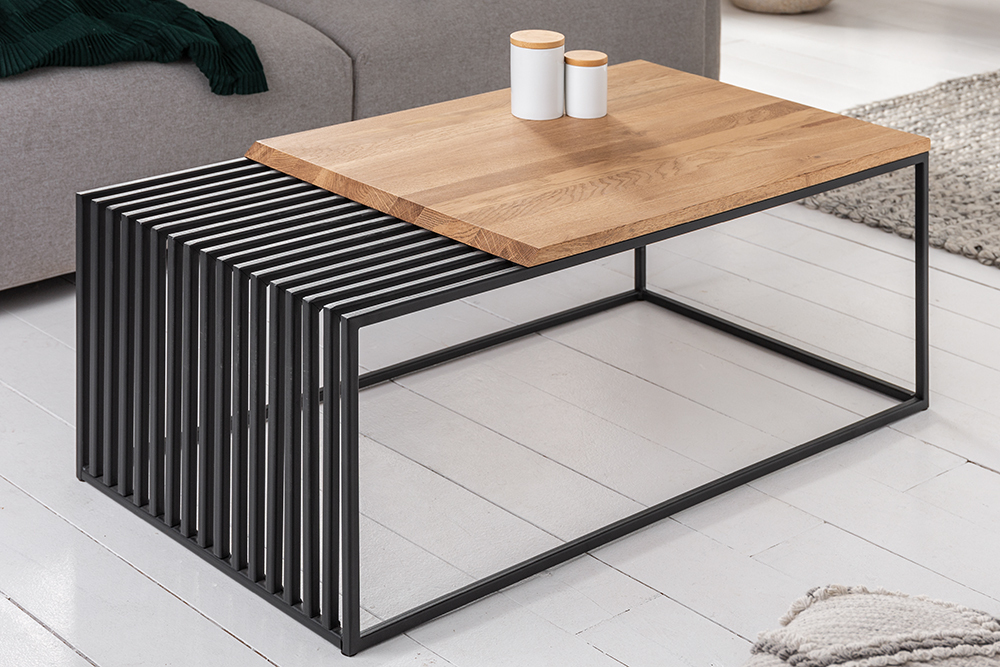 Massivholz Couchtisch ARCHITECTURE 100cm Eiche geölt schwarzes Metallgestell
