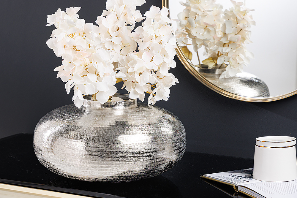 Moderne Deko Vase ABSTRACT ORIENT 35cm silber rund Metall Hammerschlag-Design