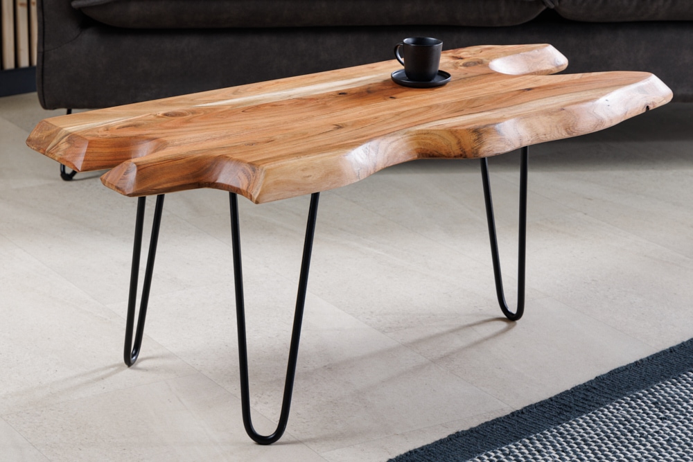 Massivholz Couchtisch WILD 100cm Akazie natur Hairpin Legs Baumkante