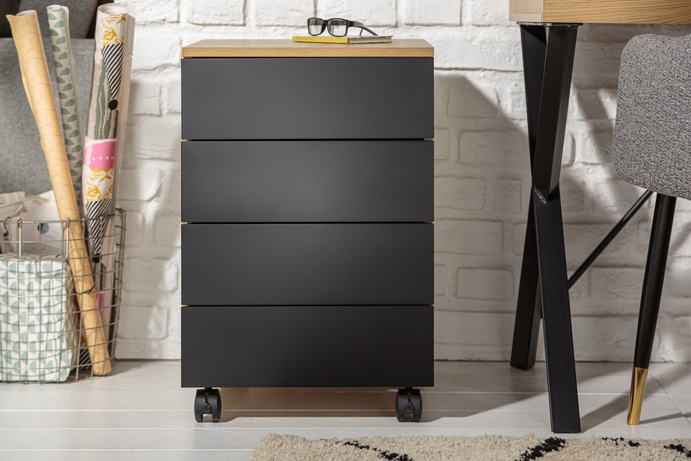 Moderner Rollcontainer STUDIO 40cm Eichenoptik schwarz 4 Schubladen
