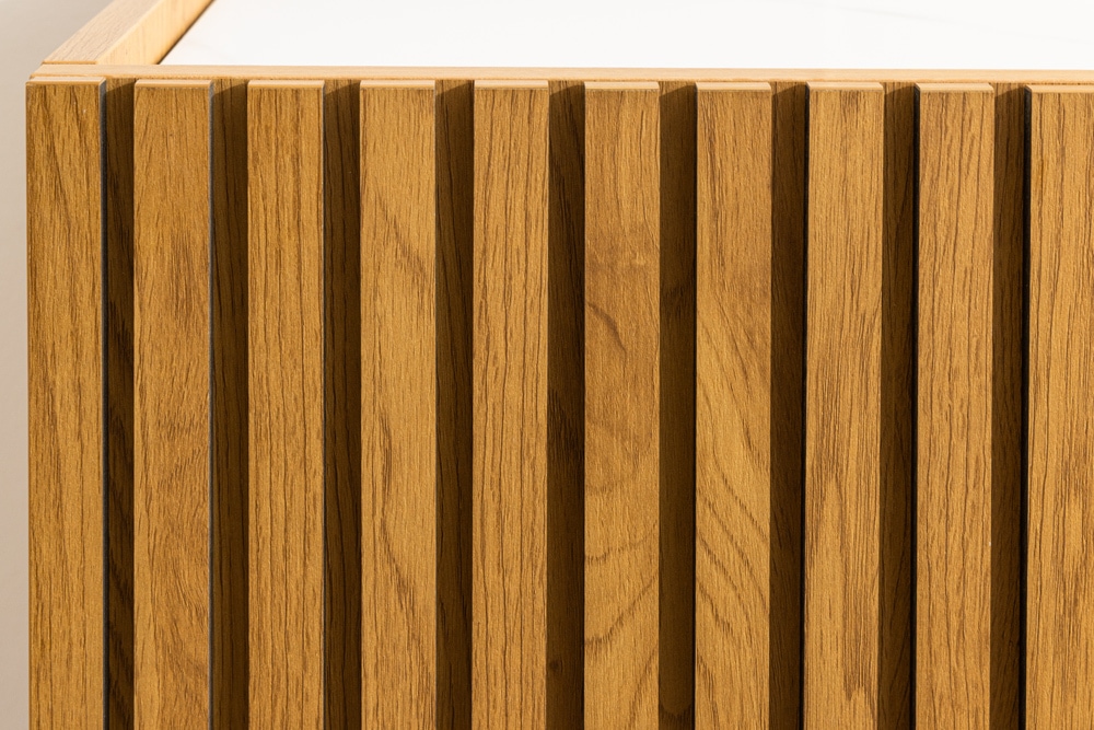 Design Lowboard VICENZA 180cm weiß Keramik natur Eiche Lamellenfront