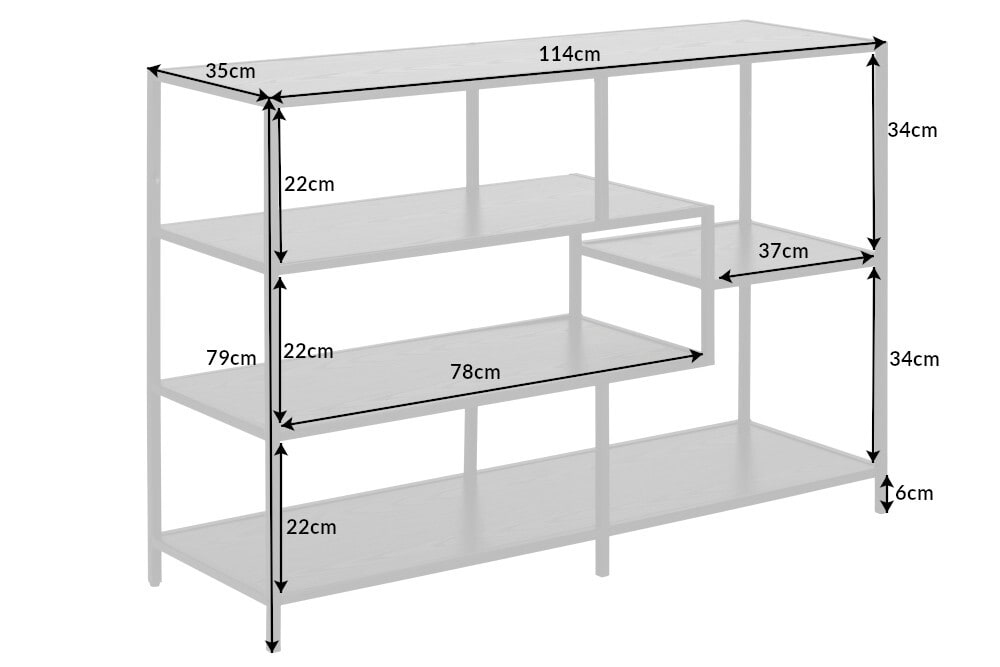 Industrial Bücherregal SLIM LINE 114cm Esche schwarz fünf Regalböden