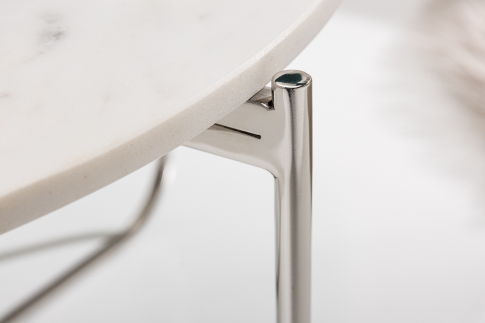 Runder Couchtisch NOBLE 65cm weiß Marmor abnehmbare Tischplatte klappbar silber Metall
