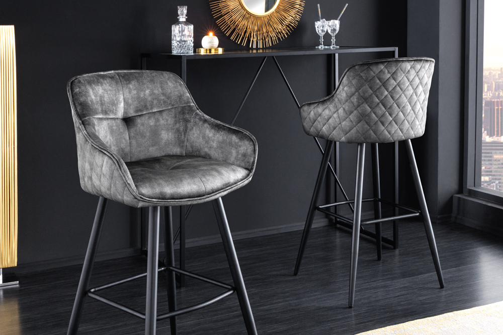 Design Barhocker EUPHORIA grau Samt schwarze Metallbeine Barstuhl mit Lehne