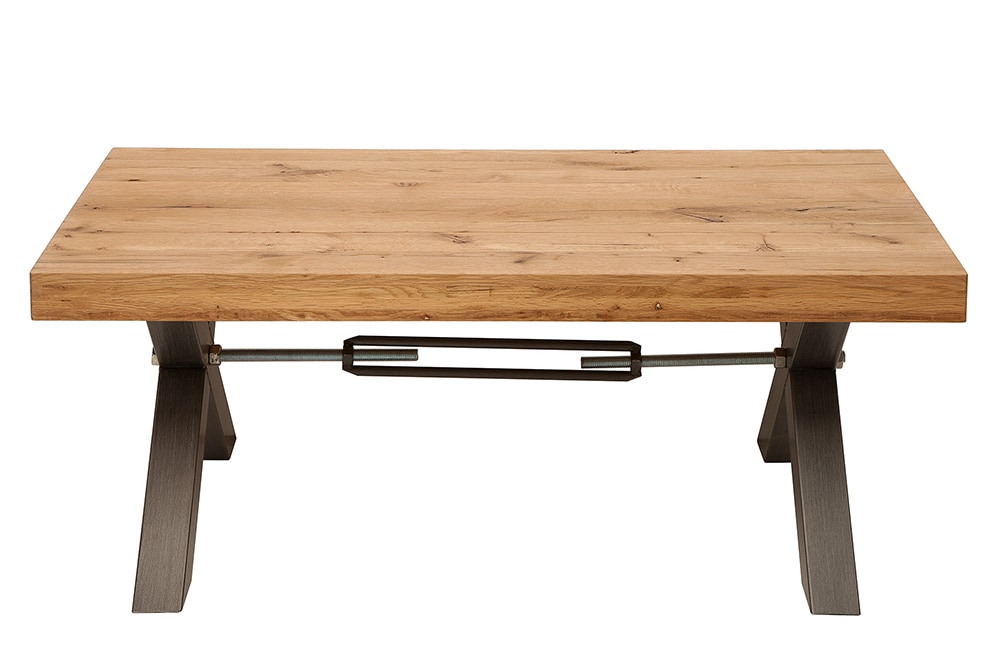 Massivholz Couchtisch THOR 110cm Wildeiche geölt X-Gestell Metall anthrazit Industrial Design