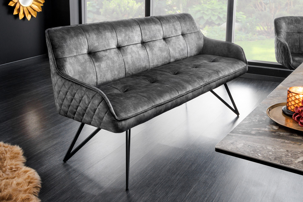 Design Sitzbank EUPHORIA 160cm dunkelgrau Samt Retrostil Ziersteppung Hairpin Legs Metallbeine Armlehnen