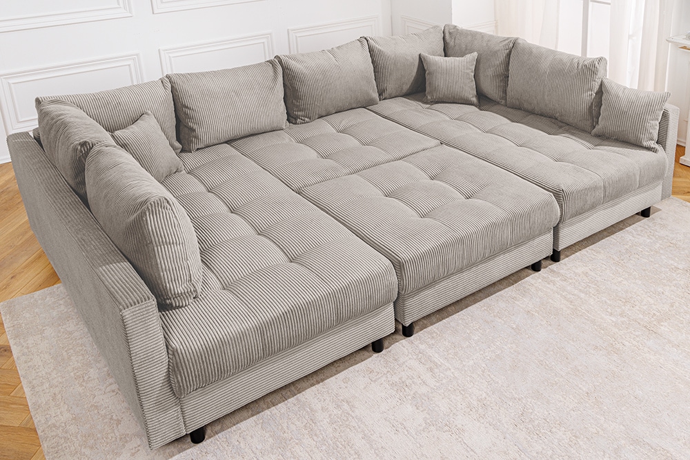 Moderne XXL Wohnlandschaft KENT 305cm greige Cord Bigsofa inkl. Hocker Federkern