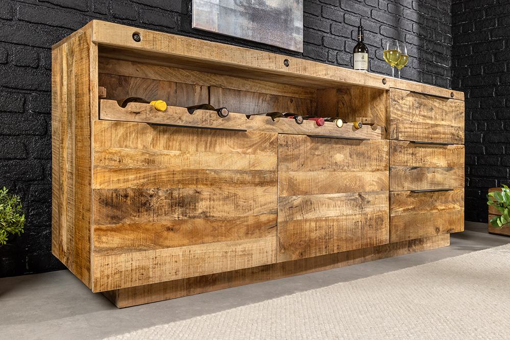 Massives Sideboard IRON CRAFT 175cm natur Mangoholz mit Schubladen Weinregal Massives Sideboard IRON CRAFT 175cm natur Mangoholz mit Schubladen Weinregal