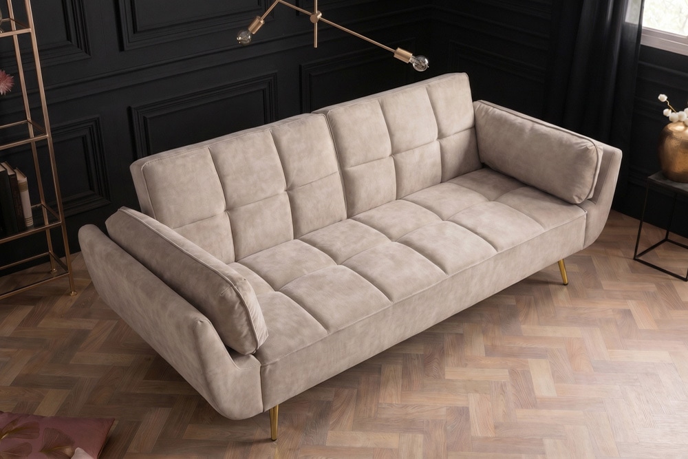 Retro Schlafsofa BOUTIQUE 215cm champagner beige Samt 3-Sitzer mit goldenen Füßen
