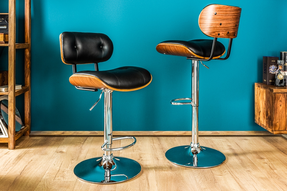 Retro Barhocker CLASSICO schwarz 115cm höhenverstellbar mit Lehne Walnussholz-Design