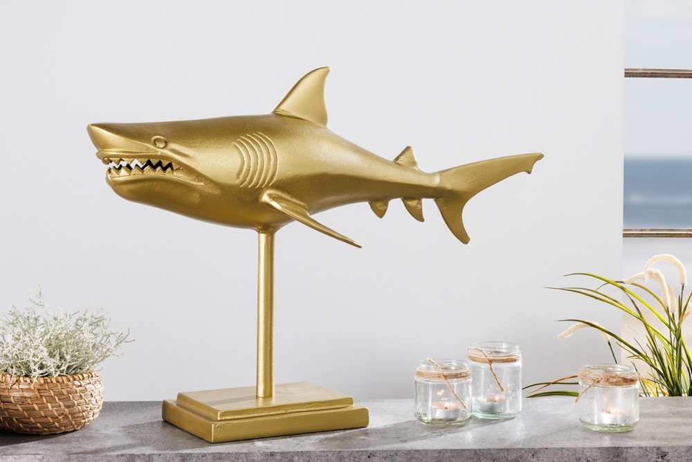 Maritime Skulptur HAI 68cm gold handmade Metall Design Haifisch