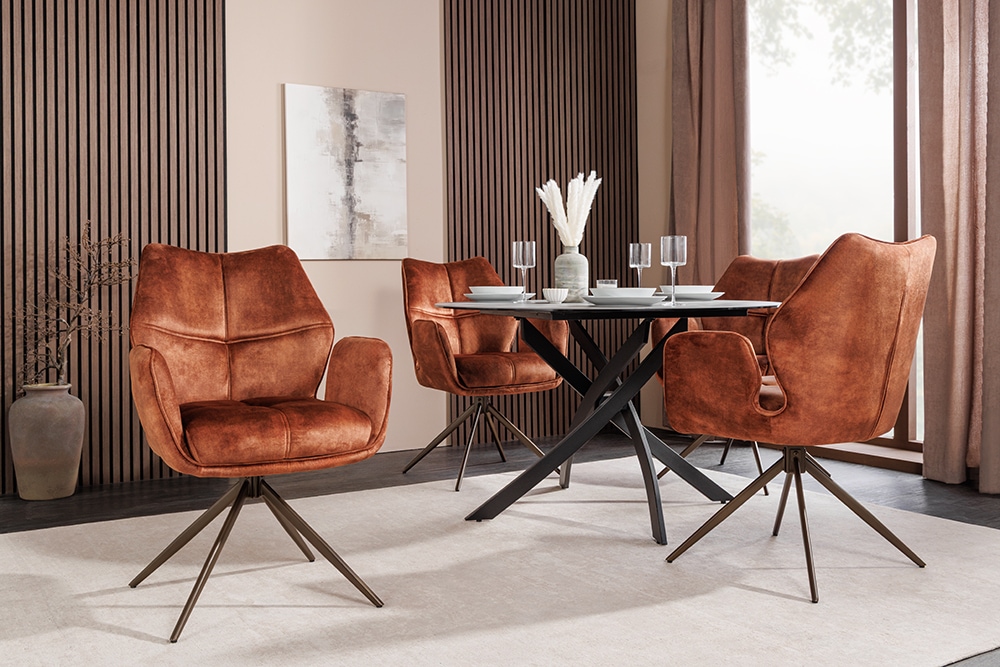 Drehbarer Design Stuhl CONCORD rost braun Samt Taschenfederkern Metallgestell braun