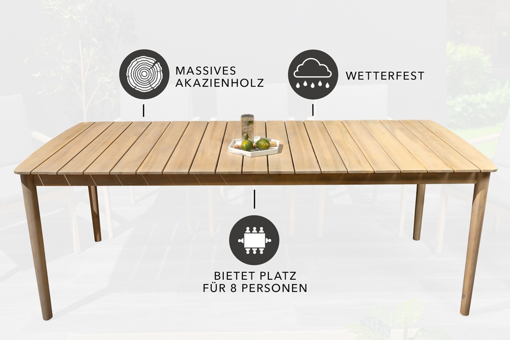 Wetterfester Gartentisch KOPENHAGEN 220cm natur Akazie Massivholz In- und Outdoor