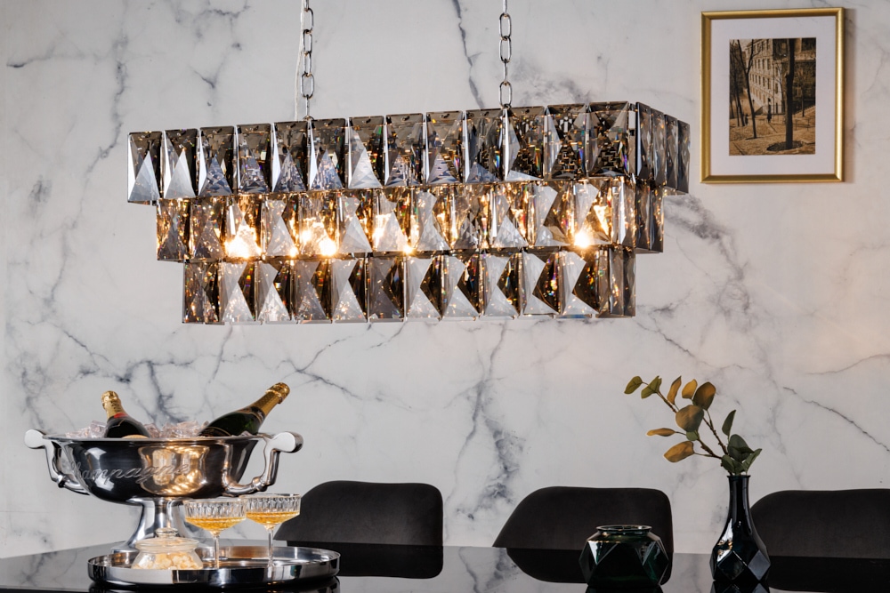 Luxus Hängelampe KRISTALL 90cm edelgrau Design Kronleuchter Glasprismen
