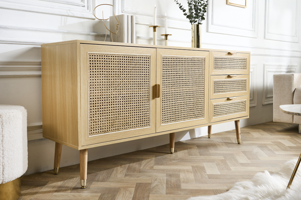 Design Sideboard VIENNA 155cm Wiener Geflecht Rattan Kommode mit Schubladen