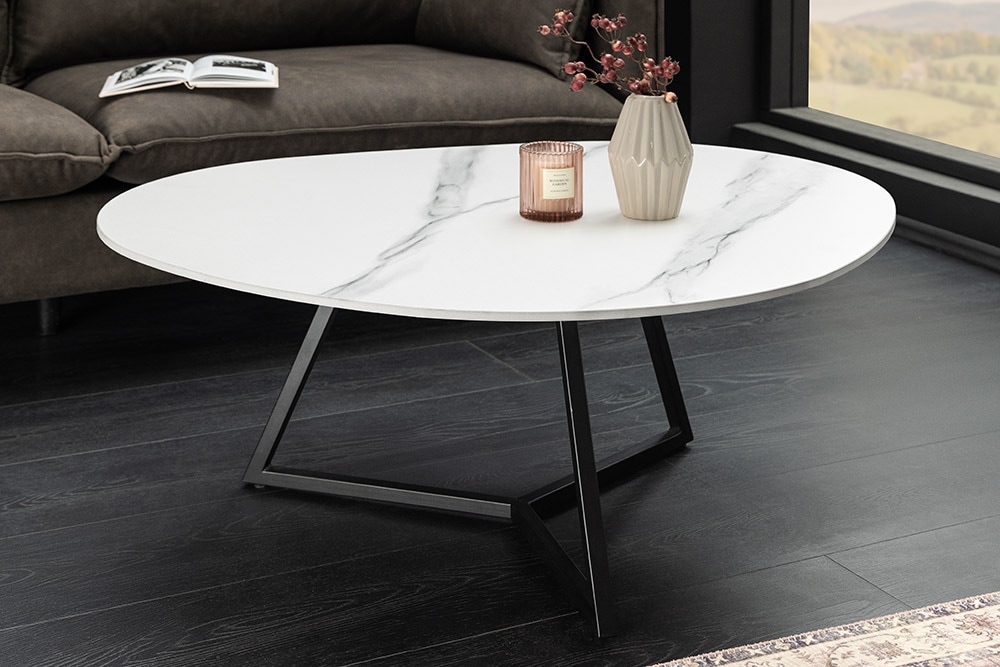 Design Couchtisch MARVELOUS 90cm weiß Marmor Keramik schwarzes Metall