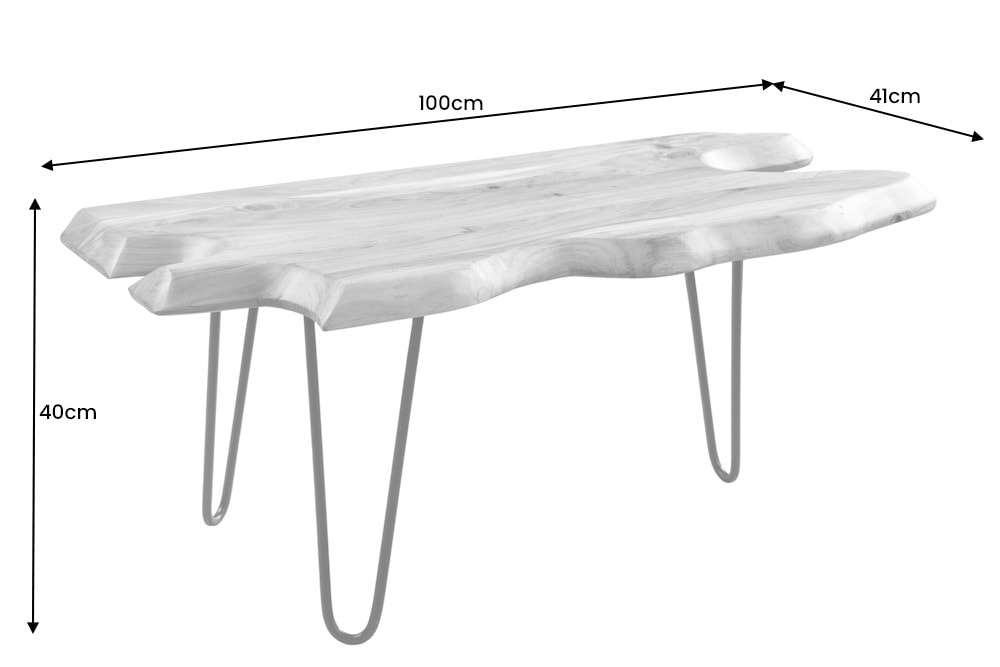Massivholz Couchtisch WILD 100cm Akazie natur Hairpin Legs Baumkante