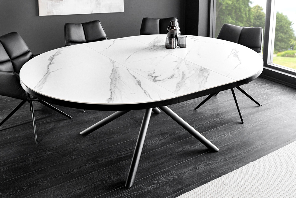 Ausziehbarer Esstisch MIKADO 120-160cm weiß Keramik oval schwarz Sterngestell