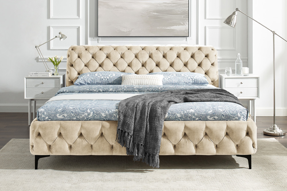 Design Bett MODERN BAROCK 180x200cm champagner Samt Chesterfield Doppelbett