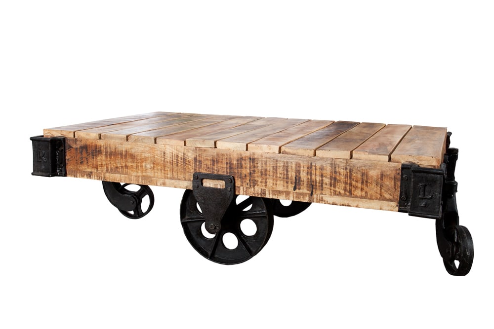Massiver Design Couchtisch RAILWAY 110cm Mangoholz mit 4 Rädern
